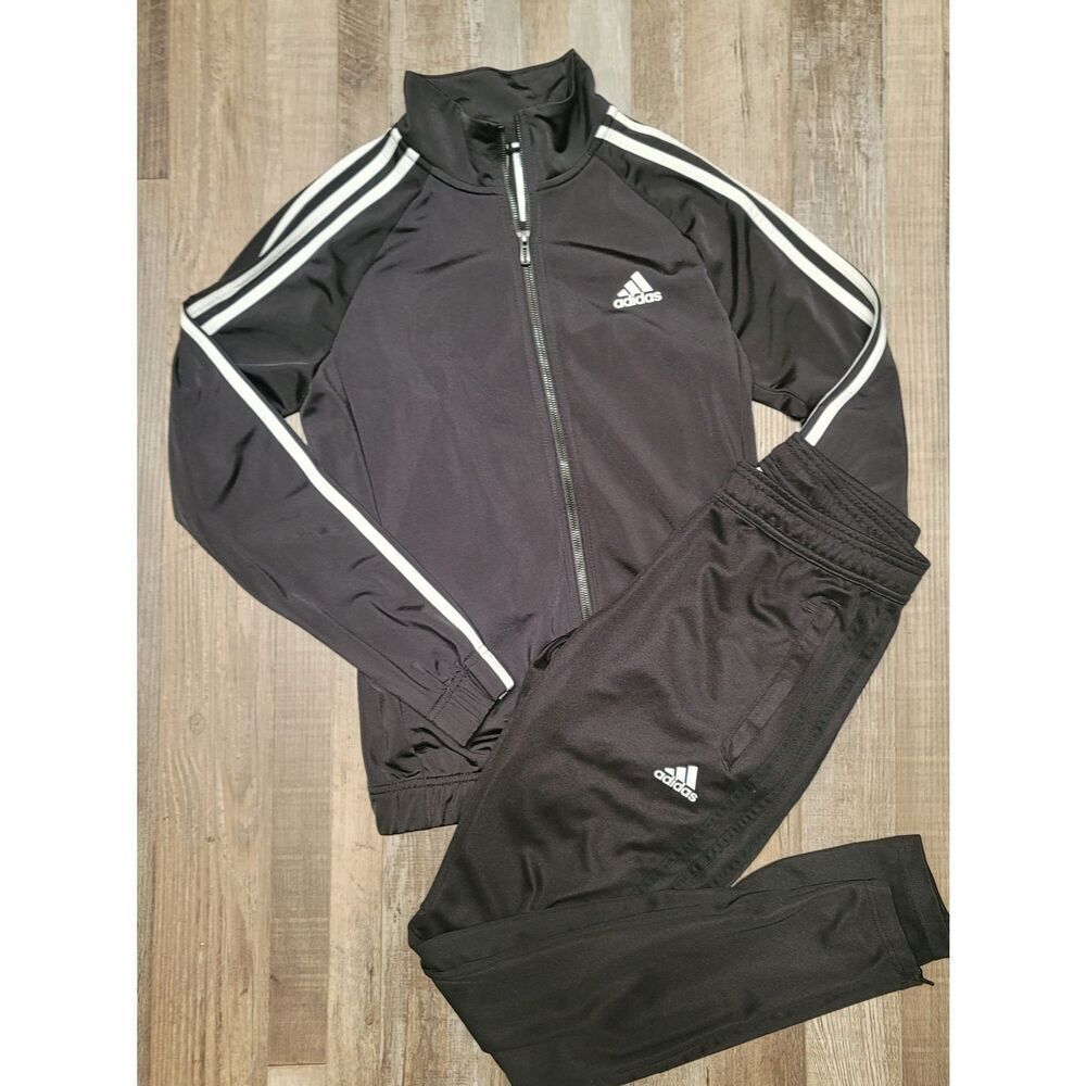 adidas Black Track Pants and Jacket with White Stripes